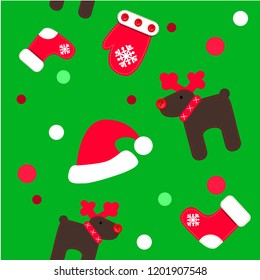 Christmas and new year seamless pattern with santas hat, deers, sock, mitten . Vector illustration for wrapping paper or holidays background design.