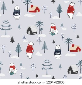 Christmas and New Year seamless pattern with cute white polar bear, trees, little houses and different decorations in red and blue on a gray background in Scandinavian style. Winter  background 
