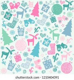 Christmas and New Year seamless pattern. Christmas holiday background. Seamless pattern wallpaper of gift box, deer, Christmas ball, Xmas tree, boots, mittens, candy, stars and snowflakes. Vector