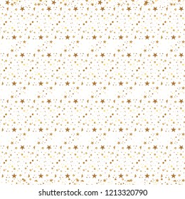 Christmas and New Year seamless pattern of gold stars and confetti for packaging, wrappers, fabrics and light industry. Vector image, background.
