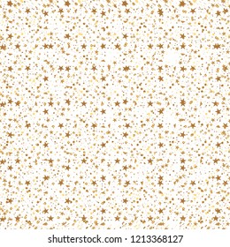 Christmas and New Year seamless pattern of gold stars and confetti for packaging, wrappers, fabrics and light industry. Vector image, background.