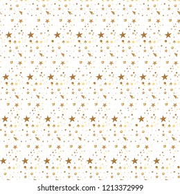 Christmas and New Year seamless pattern of gold stars and confetti for packaging, wrappers, fabrics and light industry. Vector image, background.