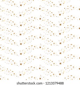Christmas and New Year seamless pattern of gold stars and confetti for packaging, wrappers, fabrics and light industry. Vector image, background.