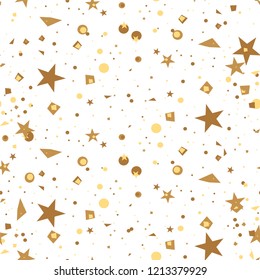 Christmas and New Year seamless pattern of gold stars and confetti for packaging, wrappers, fabrics and light industry. Vector image, background.