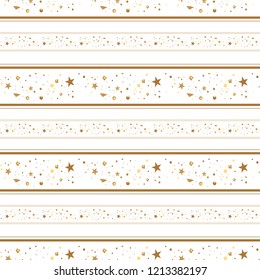 Christmas and New Year seamless pattern of gold stars and confetti for packaging, wrappers, fabrics and light industry. Vector image, background.