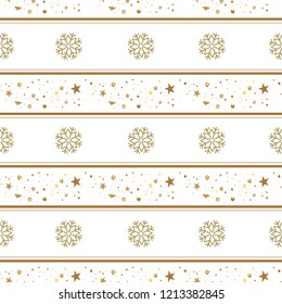 Christmas and New Year seamless pattern of gold stars and confetti for packaging, wrappers, fabrics and light industry. Vector image, background.
