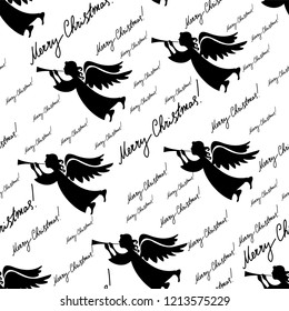 Christmas and New Year seamless pattern with silhouettes of angels and handwritten text, lettering for packages, wrappers, holidays, fabrics and light industry. Vector image, background.