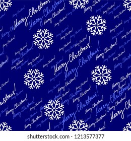 Christmas and New Year seamless pattern with snowflakes and handwritten text, lettering for packages, wrappers, holidays, fabrics and light industry on a blue background. Vector image, background.