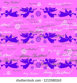 Christmas and New Year seamless pattern with silhouettes of angels, snowflakes and handwritten text, lettering for packages, wrappers, holidays, fabrics and light industry on a pink background. Vector