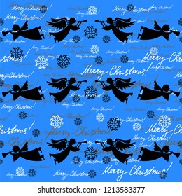 Christmas and New Year seamless pattern with silhouettes of angels, snowflakes and handwritten text, lettering for packages, wrappers, holidays, fabrics and light industry on a blue background. Vector