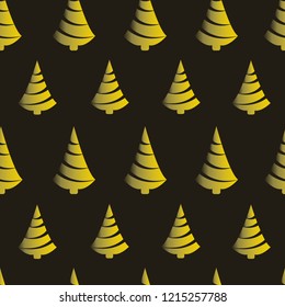Christmas and New Year seamless pattern. Holiday print with golden Christmas tree on black background. Vector illustration