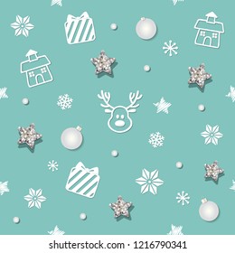 Christmas and new year seamless pattern background with glitter stars and decorative elements. Vector