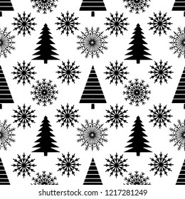 Christmas, new year seamless pattern. Christmas trees, snowflakes. Holiday background in black and white