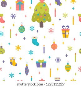 Christmas and New Year seamless pattern. Winter holidays. Hand drawn childish background. Vector illustration