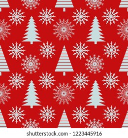Christmas, new year seamless pattern. Christmas trees, snowflakes. Holiday background in red and silver