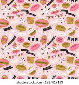 Christmas, new year seamless pattern with warm wishes in ornamental garlands, balloons and Christmas tree decorations. Vector design for wrapping paper.