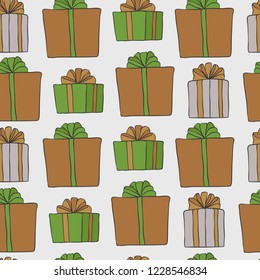 Christmas and new year seamless pattern. Vector holiday background with gifts for greeting card design and packaging.