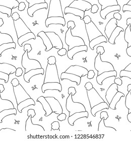 Christmas and new year seamless pattern. Vector holiday black white background with Santa Claus hat for greeting card design and packaging.