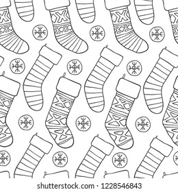 Christmas and new year seamless pattern. Vector holiday black white background with snow socks for greeting card design and packaging.