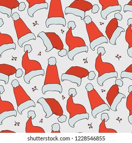 Christmas and new year seamless pattern. Vector holiday background with Santa Claus hat for greeting card design and packaging.