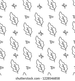 Christmas and new year seamless pattern. Vector holiday black white background with leaf for greeting card design and packaging.