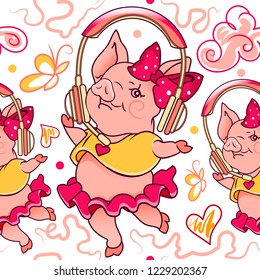 Christmas and new year seamless pattern with funny piggy girl with headphones. Bright colors. Hand drawn doodle vector illustration. Used for print packing, background, wallpaper, wrapping.