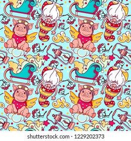 Christmas and new year seamless pattern with funny pilot pig, santa, New Year's tree. Bright colors. Hand drawn doodle vector illustration. Used for print packing, background, wallpaper, wrapping.