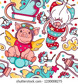 Christmas and new year seamless pattern with funny pilot piggy, santa, New Year's tree. Bright colors. Hand drawn doodle vector illustration. Used for print packing, background, wallpaper, wrapping.