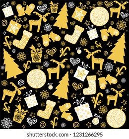 Christmas and New Year seamless pattern. Christmas holiday background. Seamless pattern wallpaper of gift box, deer, Christmas ball, Xmas tree, boots, mittens, candy,stars and snowflakes. Vector