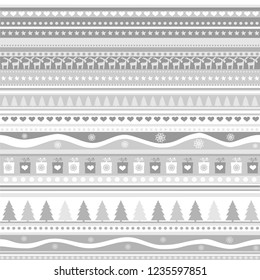 Christmas and New Year seamless pattern. Merry christmas wallpaper. A set of assorted seamless borders and frames for the Christmas season. Winter holidays. White background.Vector illustration