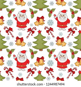 Christmas and New Year seamless pattern with Santa Claus, trees and decoration. Vector hand drawn illustration.