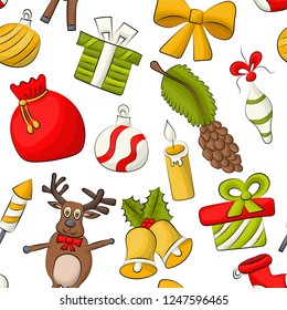 Christmas and New Year seamless pattern. Colorful childish decor repeat background. Hand drawn doodle cartoon style modern winter holidays design concept. Vector illustration.