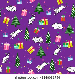 Christmas and New Year seamless pattern with hares, rabbits, gift boxes and christmas trees. Flat style. background for Festive cards, paper wrapper
