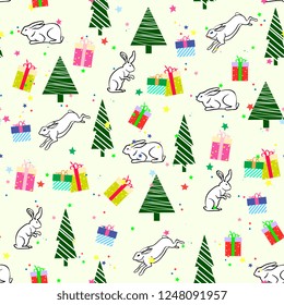Christmas and New Year seamless pattern with hares, rabbits, gift boxes and christmas trees. Flat style. background for Festive cards, paper wrapper