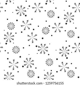 Christmas, new year seamless pattern, snowflakes line illustration. Vector icons of winter holidays, cold season snowfall. Celebration party black white repeated background.