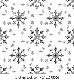 Christmas, new year seamless pattern, snowflakes line illustration. Vector icons of winter holidays, cold season snowfall. Celebration party black white repeated background. eps10