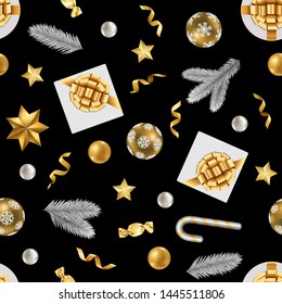 Christmas and New Year Seamless Pattern with Winter Holiday Objects