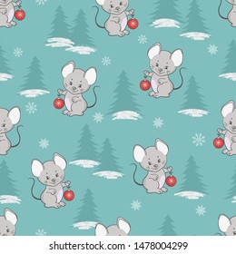 Christmas and New Year seamless pattern with cute cartoon mouse. Wrapping paper design	