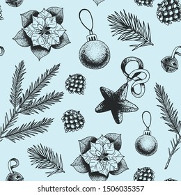 Christmas and new year seamless pattern with hand drawn elements: fir tree branches, pine cone, poinsettia and other decorations that can be used for wrapping paper, fabric, texture and textile print.