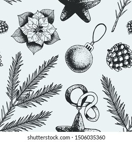 Christmas and new year seamless pattern with hand drawn elements: fir tree branches, pine cone, poinsettia and other decorations that can be used for wrapping paper, fabric, texture and textile print.
