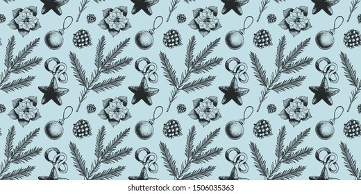 Christmas and new year seamless pattern with hand drawn elements: fir tree branches, pine cone, poinsettia and other decorations that can be used for wrapping paper, fabric, texture and textile print.
