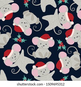 Christmas or New year seamless pattern with cute mice. Zodiac rat of 2020 chinese year. Vector illustration.