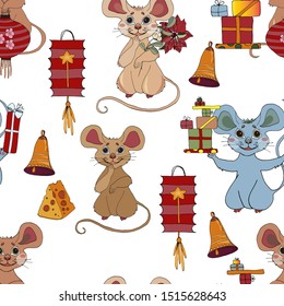 Christmas or New year seamless pattern with cute mice. Mouse. 2020 Winter background with mouse. Rat horoscope sign. Chinese year of Rat 2020. Happy New Year. Concept image of symbol chinese new year