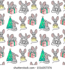 Christmas or New year seamless pattern with cute mice. Mouse. 2020 Winter background with mouse. Rat horoscope sign. Chinese year of Rat 2020. Happy New Year. Concept image of symbol chinese new year.