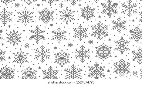 Christmas, new year seamless pattern, snowflakes line illustration. Vector icons of winter holidays, cold season snowfall. Celebration xmas card black white repeated background.