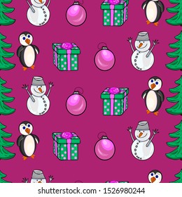 Christmas and New Year seamless Pattern with cute snowman, penguin, gift box and ball on red background. Winter cartoon vector illustration tile background repeat wallpaper