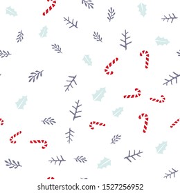 Christmas or New Year seamless pattern background with candies, and forest leaves retro style vector winter design