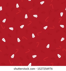 Christmas or New Year seamless pattern background with candies, and forest leaves retro style vector winter design