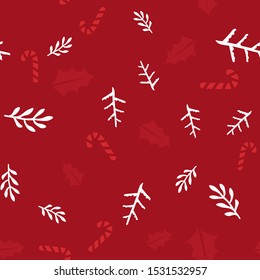 Christmas or New Year seamless pattern background with candies, and forest leaves retro style vector winter design