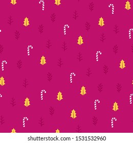 Christmas or New Year seamless pattern background with candies, and forest leaves retro style vector winter design